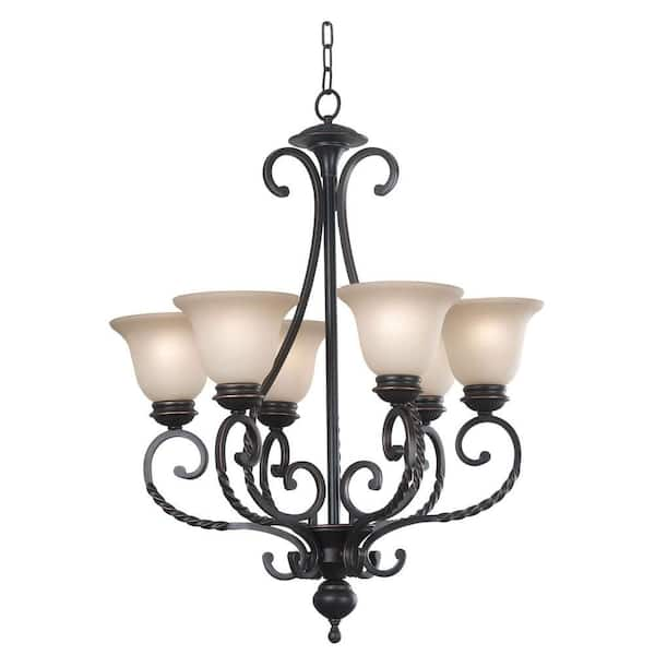 Kenroy Home Oliver 6-Light Oil-Rubbed Bronze Chandelier with Amber Glass Shade