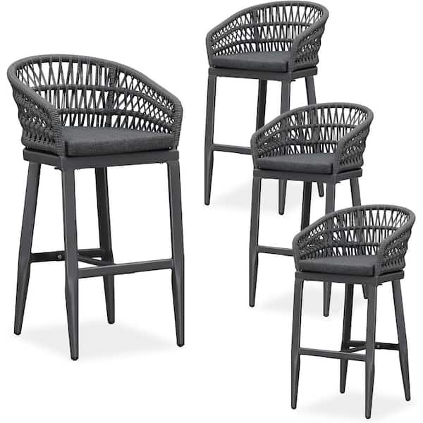 Modern Aluminum Rattan Bar Height Outdoor Bar Stool with Back and Grey Cushion (4-Pack)