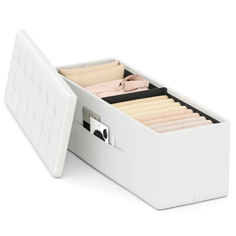 43 in. Folding Storage Ottoman Bench 38 GAL PU Leather 2 in. Foam MDF Removable Divider Side Pocket Multipurpose