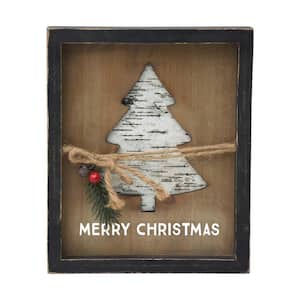 9 .5 in. Brown Wood Merry Christmas Tabletop Sign with Cutout Christmas Tree