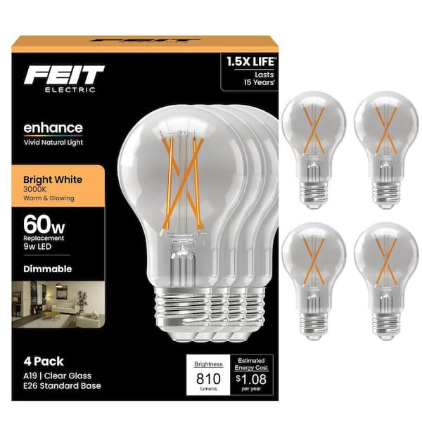 60-Watt Equivalent A19 Dimmable Filament CEC 90+ CRI Clear Glass E26 Medium LED Light Bulb, Bright White 3000K (4-Pack)