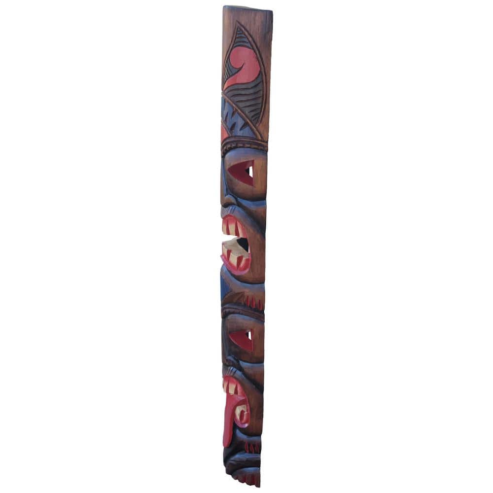 Hand-Carved Albesia Wood 40" Tropical Tiki Mask Totem