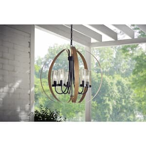 Ellena 5-Light Matte Black and Maple Tone Outdoor Chandelier with Seedy Glass