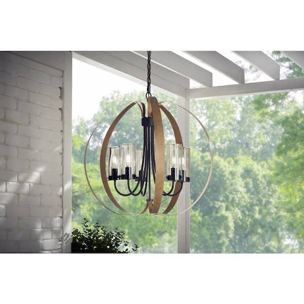 Ellena 5-Light Matte Black and Maple Tone Outdoor Chandelier with Seedy Glass