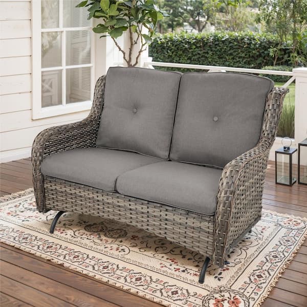 ArcoBay 51.6 in Width 2-Person Metal and Gray Wicker Patio Outdoor Glider Loveseat with Olefin Gray Cushion