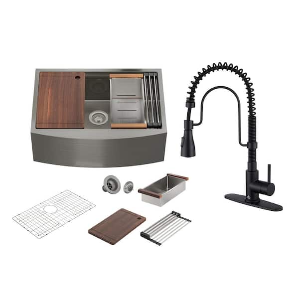 CASAINC All-in-One 33 in. Farmhouse/Apron-Front Single Bowl 16-Gauge Stainless Steel Workstation Kitchen Sink with Faucet