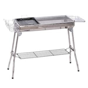 Portable Folding Charcoal BBQ Grill in Silver Stainless Steel Camp Picnic Cooker with a Large Non-Stick Cooking Space