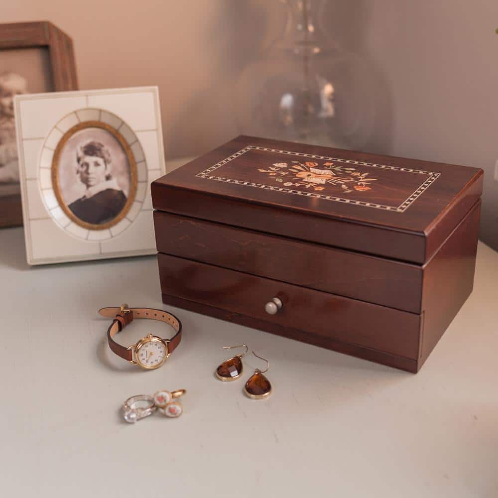 Walnut Florentine Motif Wooden Jewelry Box with Mirror