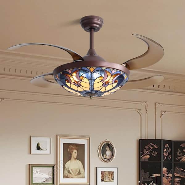 48 in. Smart Indoor Brown Retractable Ceiling Fan with Integrated LED Light and Remote APP Tiffany Glass Shade