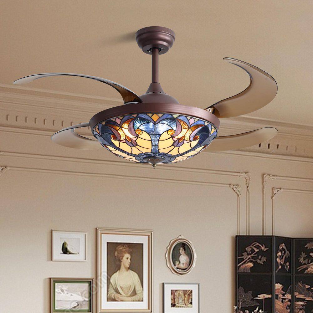 48 in. Smart Indoor Brown Retractable Ceiling Fan with Integrated LED Light and Remote APP Tiffany Glass Shade price history on PriceWatchPro