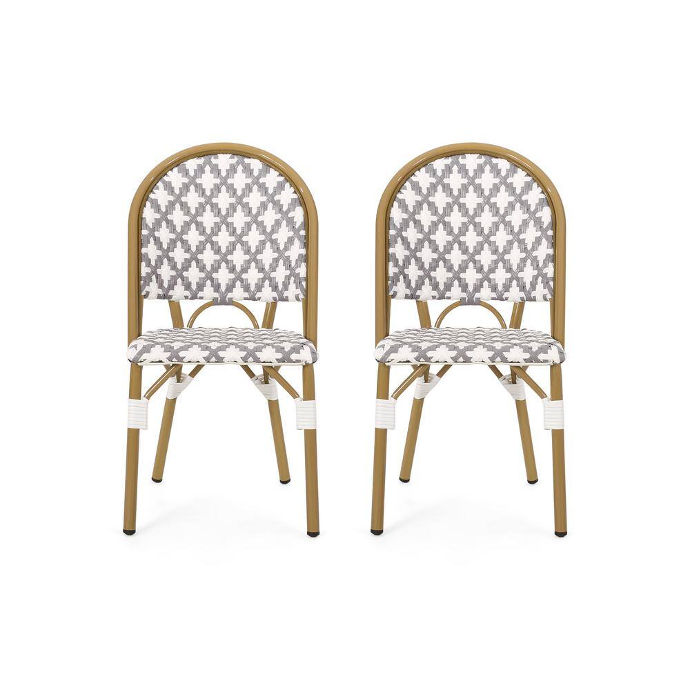 Gray and White Bamboo Print Outdoor Aluminum Bistro Dining Chairs