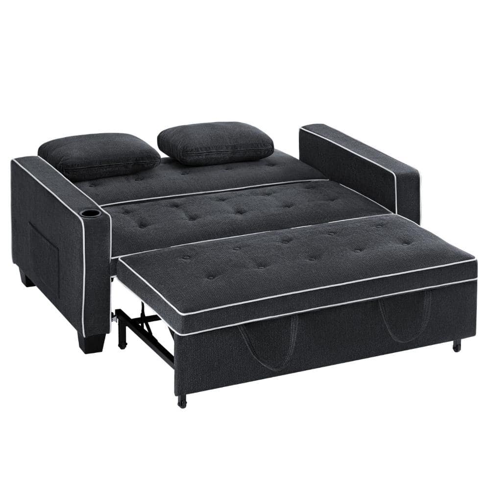 3-in-1 Convertible Chair Bed 65 in. W. Black Linen Fabric Pull Out Full Size Sofa Bed with Two Pillows