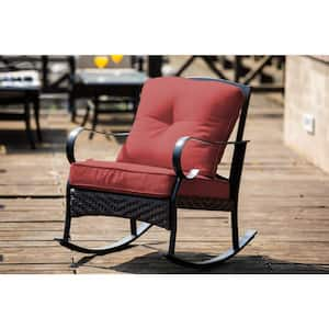 W25 In. Metal Wicker Outdoor Rocking Chair with Red Cushions