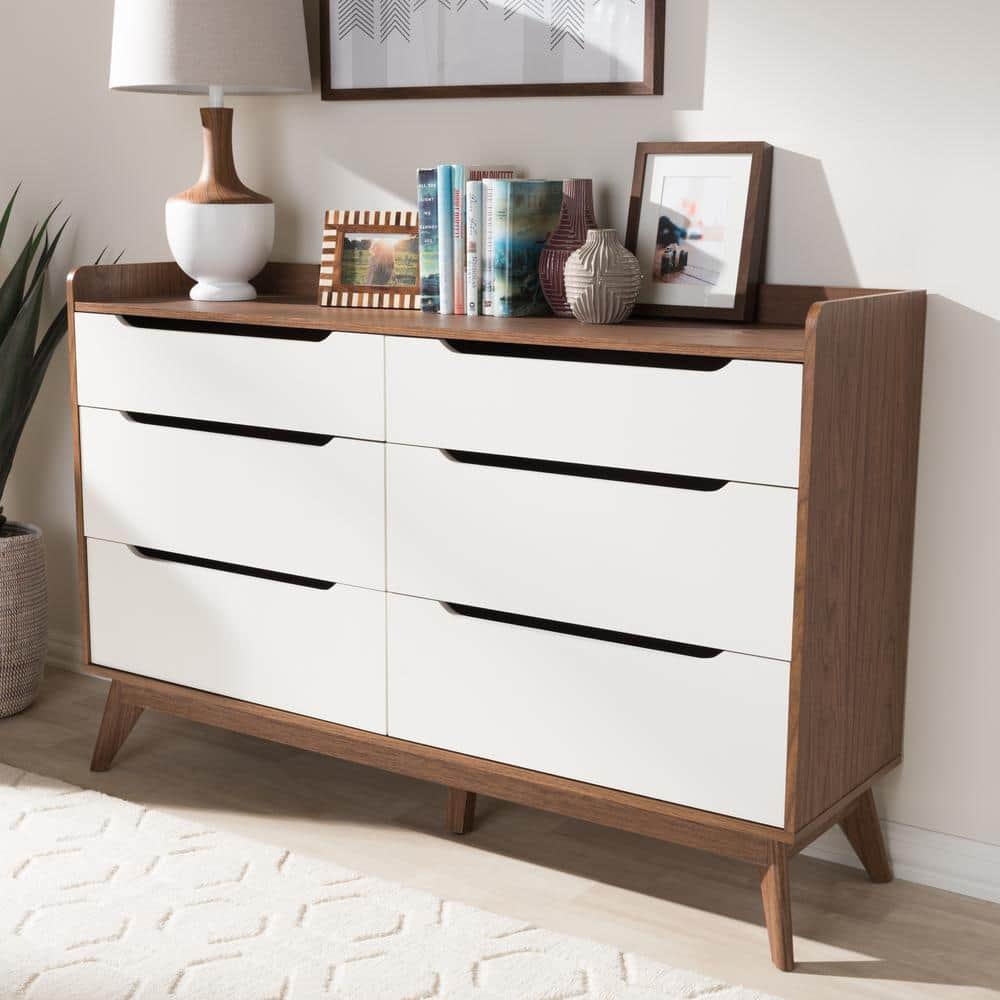 Brighton Mid-Century White and Walnut 6-Drawer Dresser