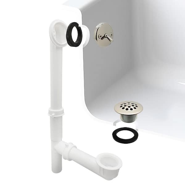14 in. White Poly Tubular Bath Waste & Overflow Assembly with Trip Lever and Strainer Grid Drain Cover, Polished Nickel