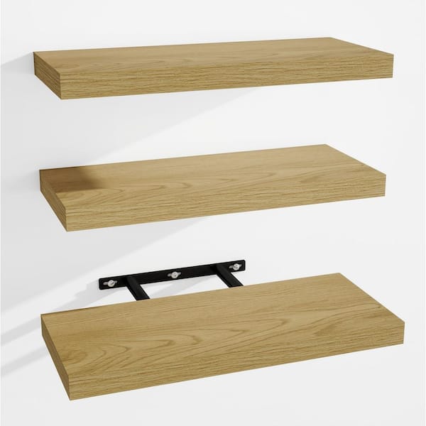 Unbranded 15 in. W x 6 in. D Natural Oak Wood Floating Shelves for Wall (Set of 3), Wall Mounted Decorative Wall Shelf