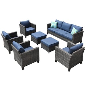 New Vultros Gray 7-Piece Wicker Outdoor Patio Conversation Seating Set with Blue Cushions