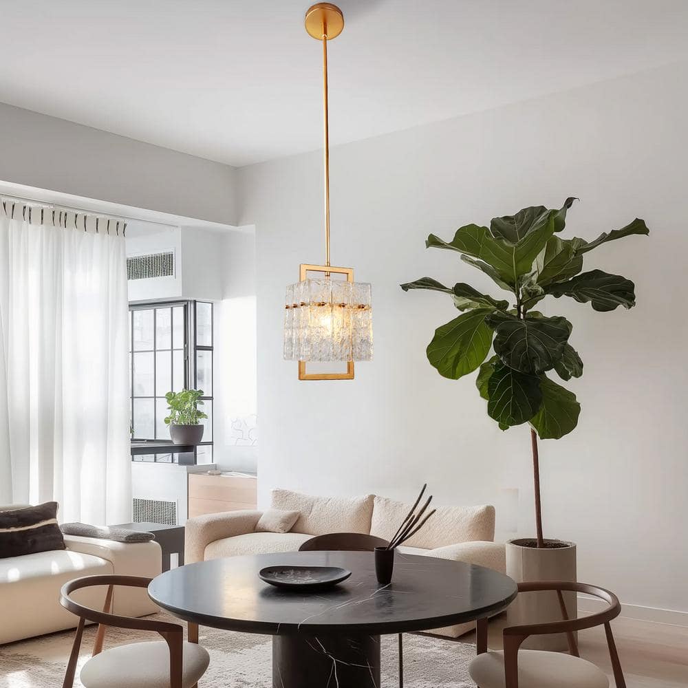 YANSUN 1-Light Adjustable Gold Pendant Light with Seeded Glass Shade, Rectangle Chandelier for Kitchen, Dining Room