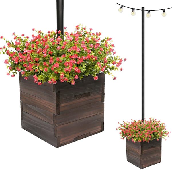 EXCELLO GLOBAL PRODUCTS Large 14 in. Dark Brown Wooden Planter Box with String Light Pole Sleeve
