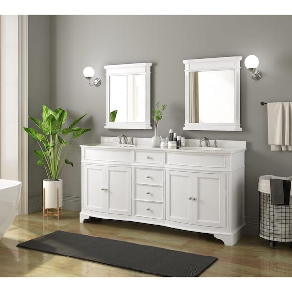 Home Decorators Collection Terryn 72 in. W x 20 in. D x 35 in. H Double Sink Freestanding Bath Vanity in White with White Engineered Stone Top