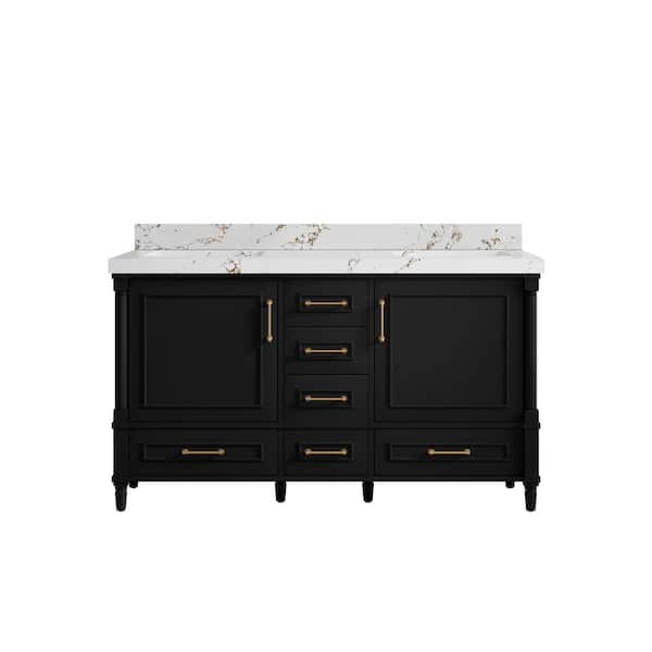 Willow Collections Hudson 60 in. W x 22 in. D x 36 in. H Double Sink Bath Vanity Black with 2 in. Viola Brown Qt. Top