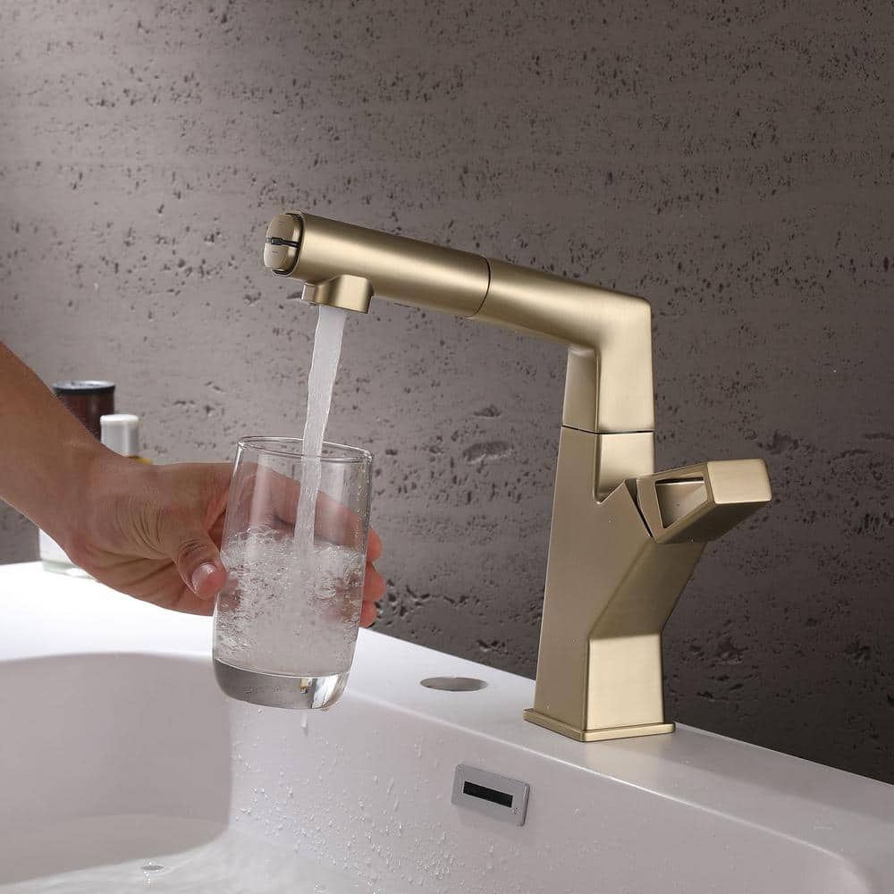Brushed Gold Deck-Mounted Bathroom Faucet with Pull Out Sprayer