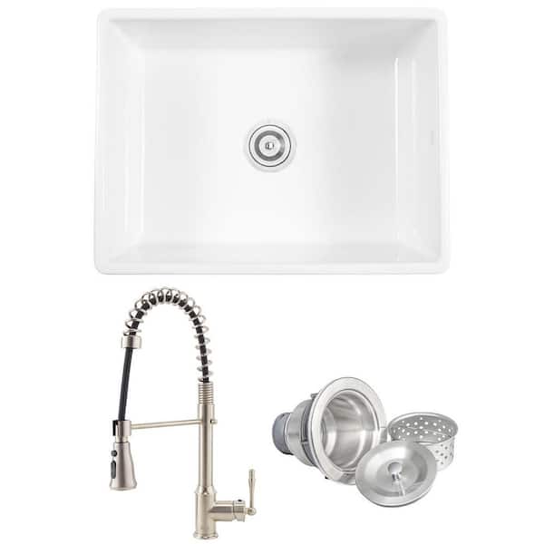 White Fireclay 24 in. Single Bowl Apron-Front Kitchen Sink with Faucets and Basket Strainer