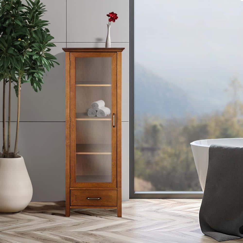 Elegant Avery Oak Linen Tower with Glass Paneled Door and Antique Brass Knobs