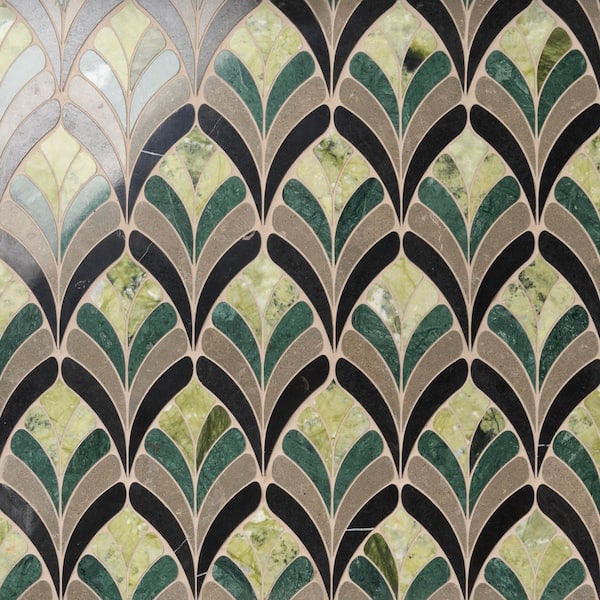 Bloom Verde Green Floral 14.09 in. x 15.15 in. Polished Marble Mosaic Floor and Wall Tile (1.48 sq. ft./Each)