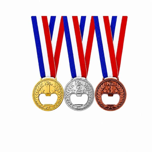 Medal-Shaped Metal Bottle Opener Neck Ribbon Gold Silver Bronze Creative Beer Jar Lid Remover 3-Pack