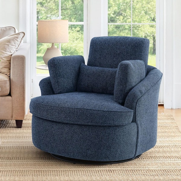 Blue Chenille Upholstered Swivel Barrel Chair with 3 Removable Pillows Swivel Accent Chair for Living Room