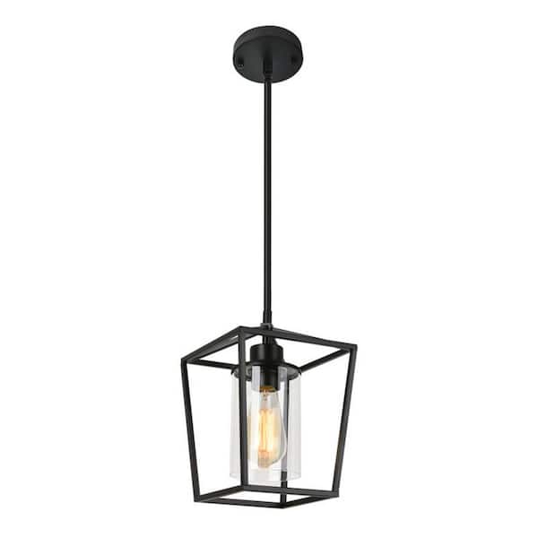 Briignite 1-Light Matte Black Modern Farmhouse Cage Lantern Pendant Light with Clear Glass Shade, perfect for Dining Room