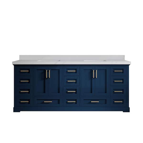 Willow Collections Boston 84 in. Double Sink Freestanding Navy Blue Bath Vanity with Calacatta Sienna Qt. Top Unassembled