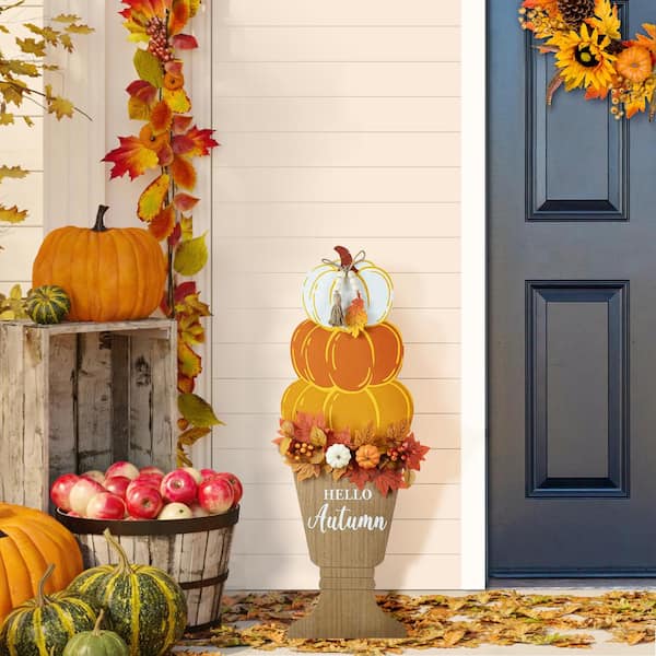 Glitzhome 36 in. H Fall Wooden Stacked Pumpkin with Urn