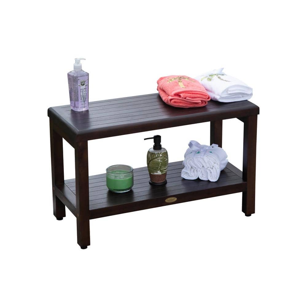 30" Woodland Brown Teak Wood Shower Bench with Shelf