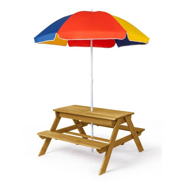 37 in. Kids Rectangle Wood Rectangle Outdoor Picnic Table and Bench with Umbrella and Play Boxes