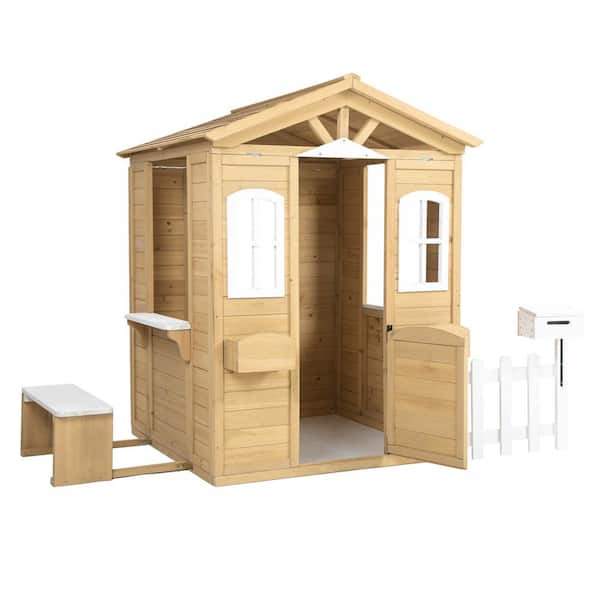 Tunearary Outdoor Patio Cedar Children's Playhouse with 1 Door, 2 Windows, 2 Planter Shelves, 1 Bench and 2 Open Service Benches