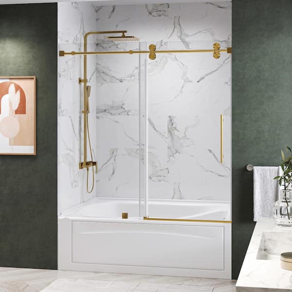 Kobiworks Radiance 60 in. W x 66 in. H Single Sliding Frameless Tub Door in Brushed Gold with 3/8 in. Clear Glass