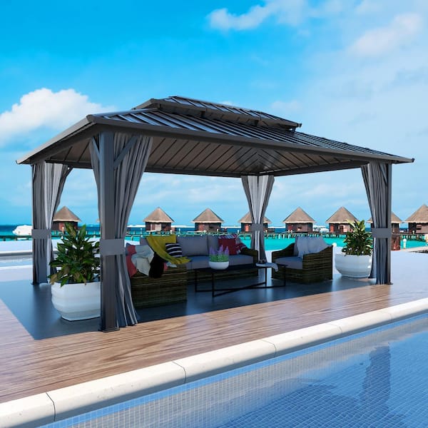 VEIKOUS 16 ft. x 12 ft. Aluminum Double Hardtop Gazebo with Grey Curtains and Netting