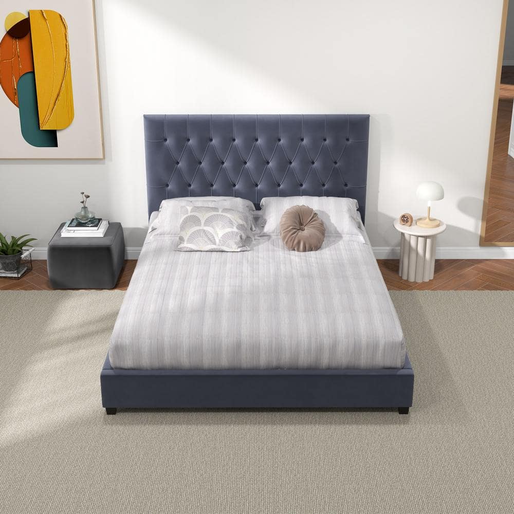 Gray Velvet Upholstered Queen Platform Bed with Tufted Headboard