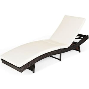 Wicker Outdoor Patio Folding 5-Level Adjustable Rattan Chaise Lounge Chair with White Cushions