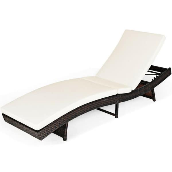 Clihome Wicker Outdoor Patio Folding 5-Level Adjustable Rattan Chaise Lounge Chair with White Cushions