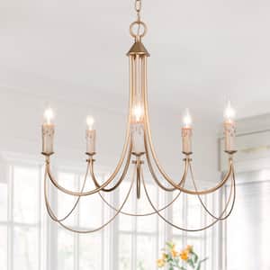 Modern Satin Gold French Country Farmhouse 5-Light Chandelier Vintage Candlestick High Ceiling Light