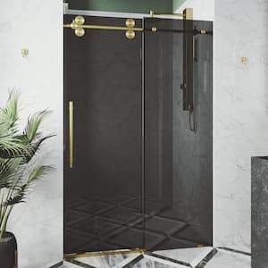 Elan 68 to 72 in. W x 74 in. H Sliding Frameless Shower Door in Matte Brushed Gold with 3/8 in. (10mm) Black Tint Glass