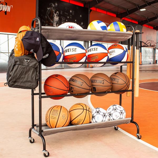 Sttoraboks Basketball Rack, 200 lbs Garage Ball Storage Rack with Baseball Bat Holder and Hooks, Sports Organizer with Wheels, Black