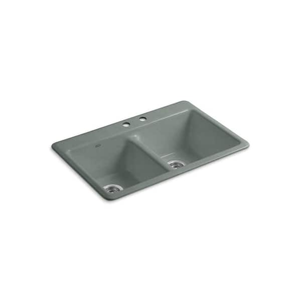 KOHLER Anthem Drop-In Cast Iron 33.in 2-Hole Double Bowl Kitchen Sink in Basalt-DISCONTINUED