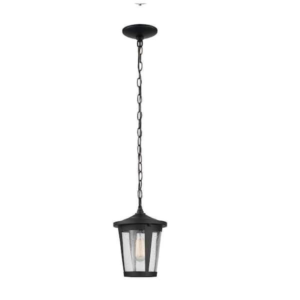 Globe Electric Augusta 1-Light Matte Black Outdoor Indoor Pendant Lighting with Seeded Glass Shade