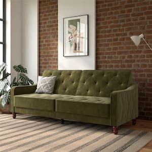 Vintage Tufted Split Back Futon, Green Velvet