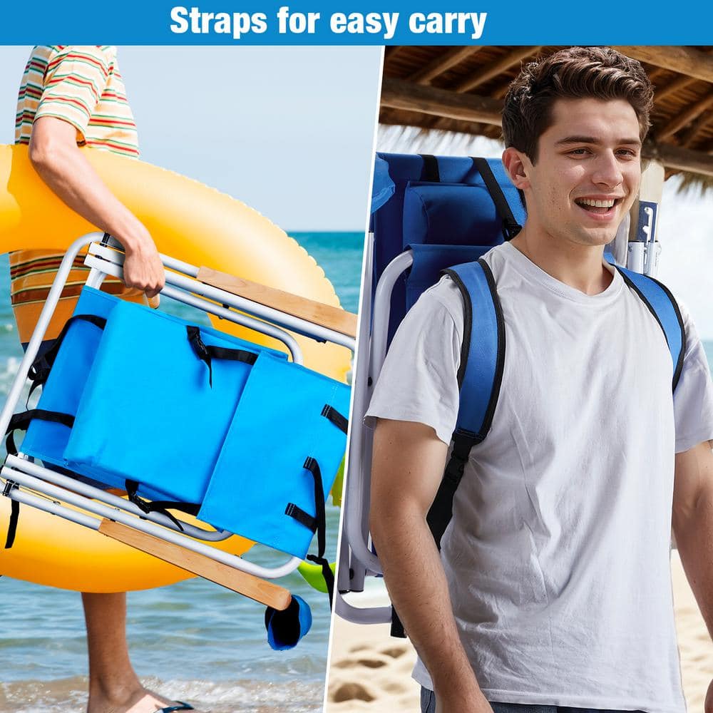 Blue Steel Folding Beach Armchair Set with Wooden Armrests