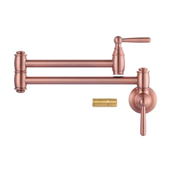 Retro Wall Mounted Brass Pot Filler Stretchable Kitchen Faucet with Double Joint Swing Arm in Brushed Nickel in Copper